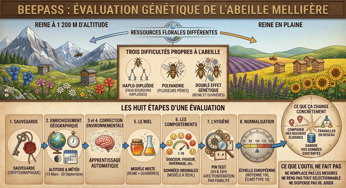 Infographie BeePass : évaluation génétique de l'abeille méllifère — les huit étapes du calcul BLUP et la correction climatique