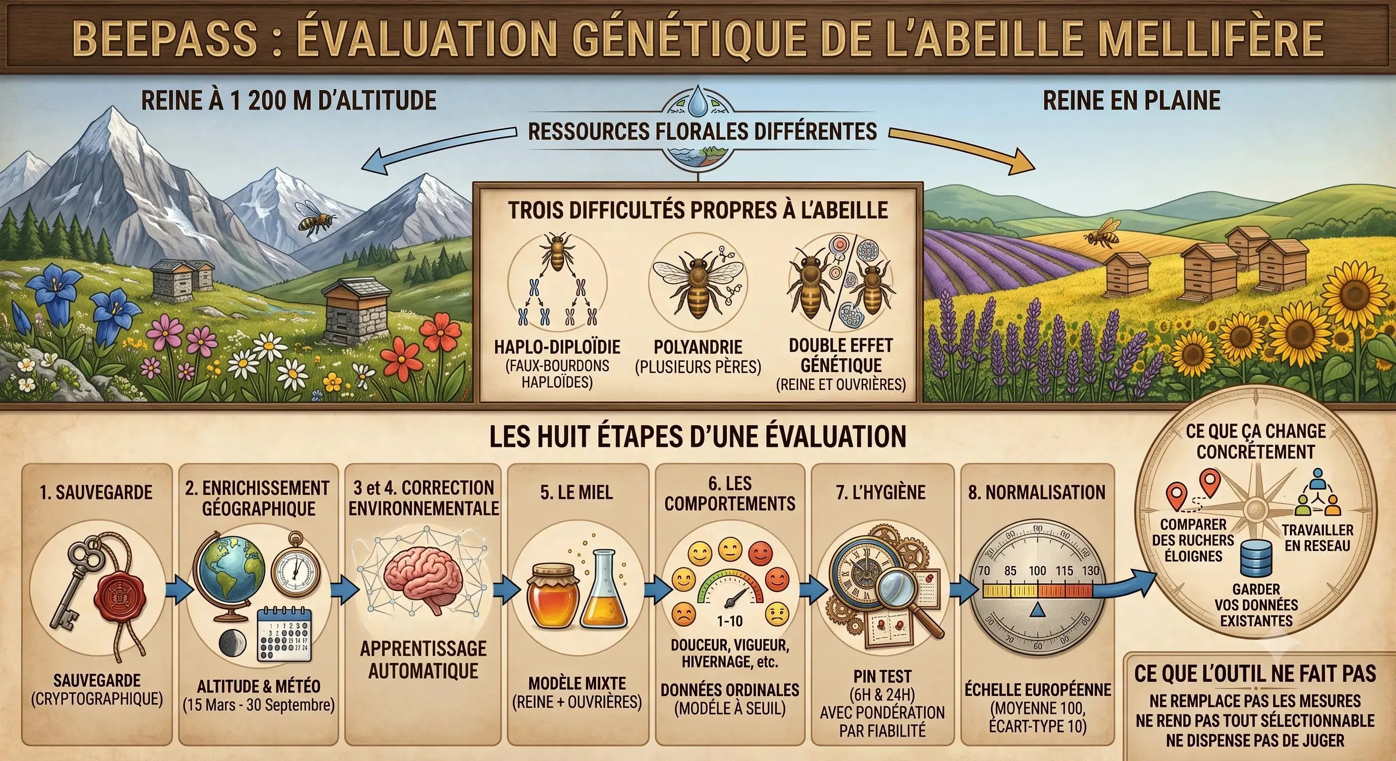 Infographie BeePass : évaluation génétique de l'abeille méllifère — les huit étapes du calcul BLUP et la correction climatique