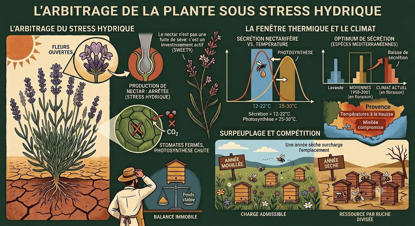 Infographie : l'arbitrage de la plante sous stress hydrique — sécrétion de nectar, fenêtre thermique et charge d'un rucher – Les Ruchers de Potter