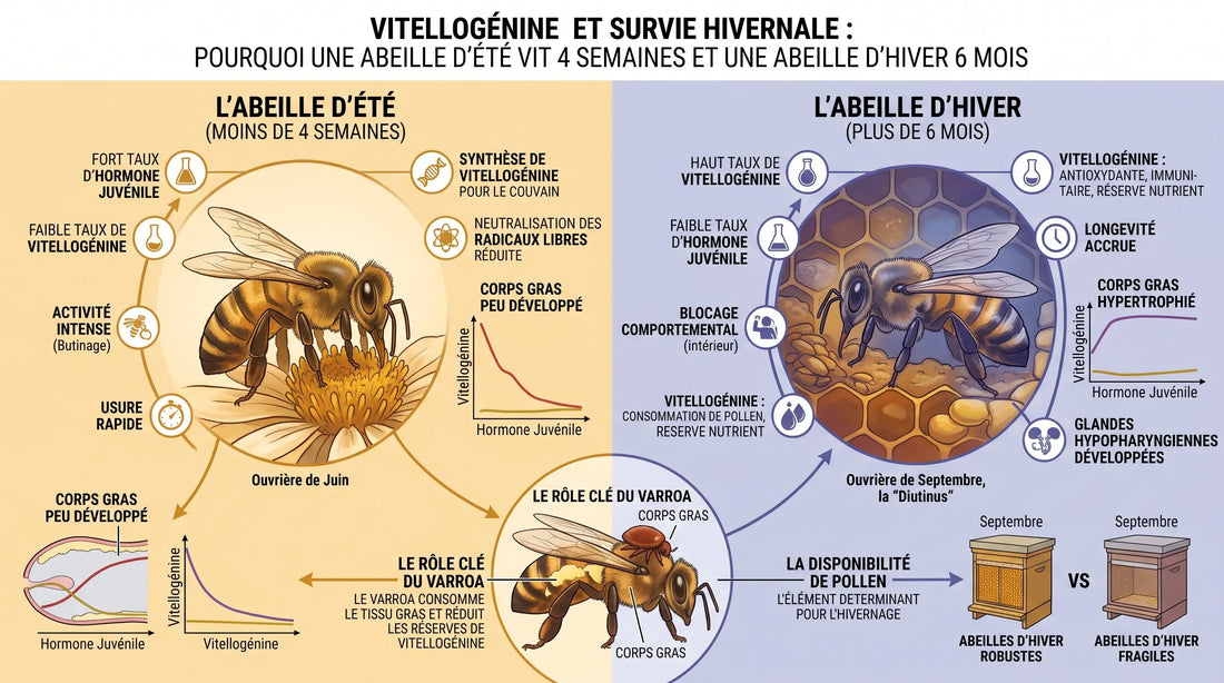 Infographie comparant l'abeille d'été et l'abeille d'hiver : vitellogénine, hormone juvénile, corps gras et rôle du varroa – Les Ruchers de Potter