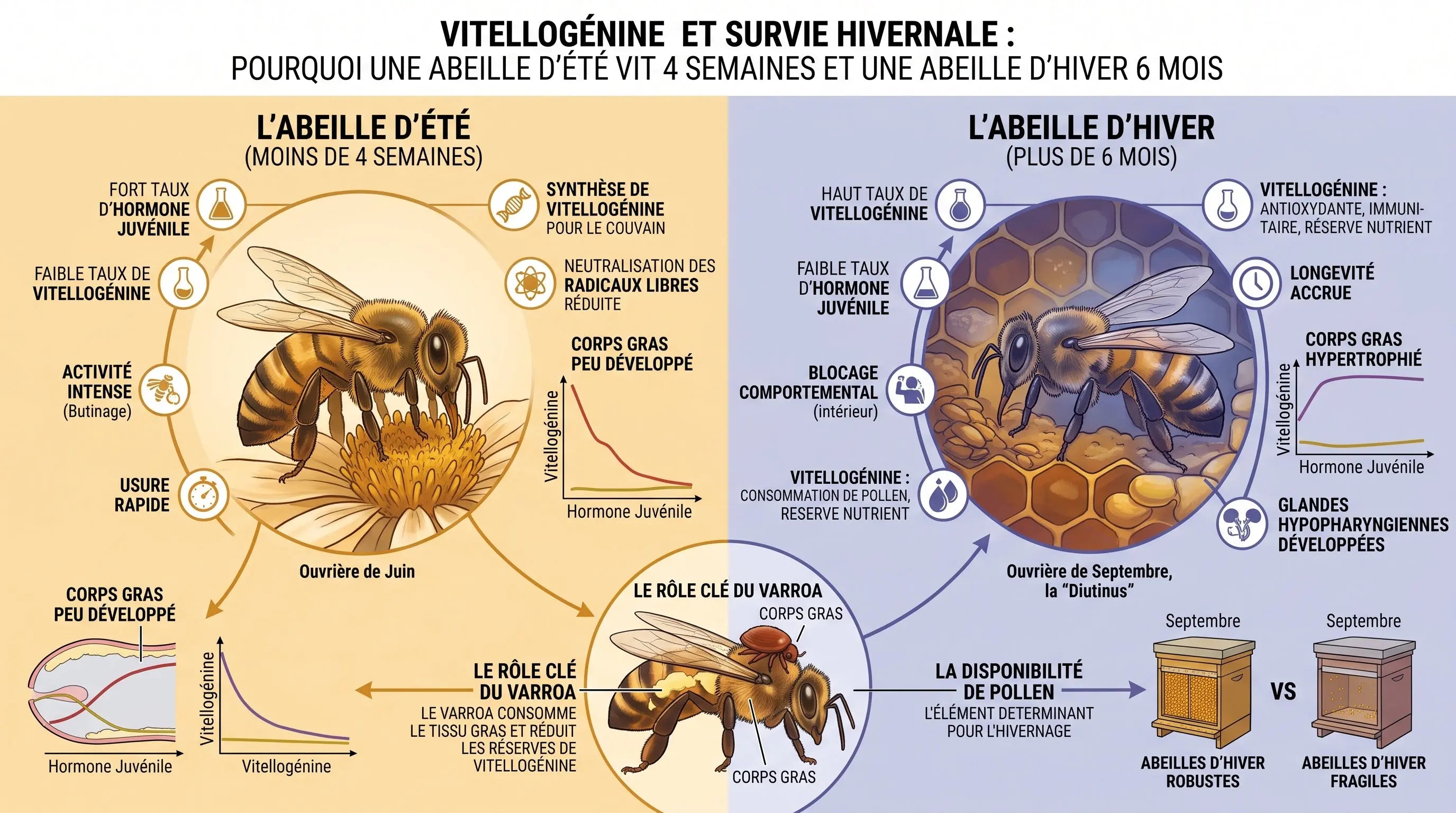 Infographie comparant l'abeille d'été et l'abeille d'hiver : vitellogénine, hormone juvénile, corps gras et rôle du varroa – Les Ruchers de Potter